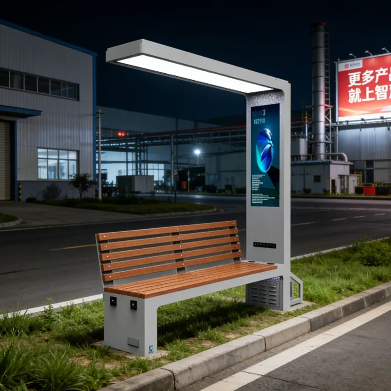 Smart solar bench with solar power generation and mobile phone charging.